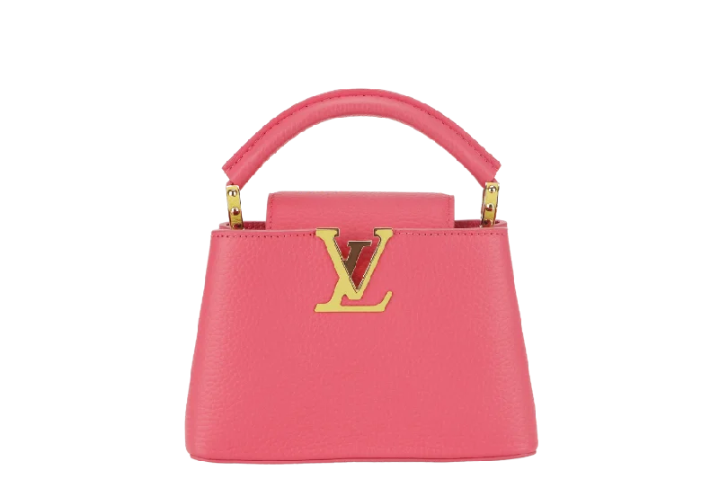 LOUIS VUITTON MINI CAPUCINES (M59440) PINK-LIME TAURILLON LEATHER GOLD HARDWARE MICROCHIP WITH STRAP, DUST COVER AND BOX