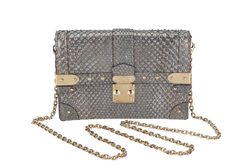 LOUIS VUITTON TRUNK CHAIN WALLET (N99721) PYTHON METALLIC LEATHER GOLD HARDWARE WITH CHAIN, STRAP AND DUST COVER