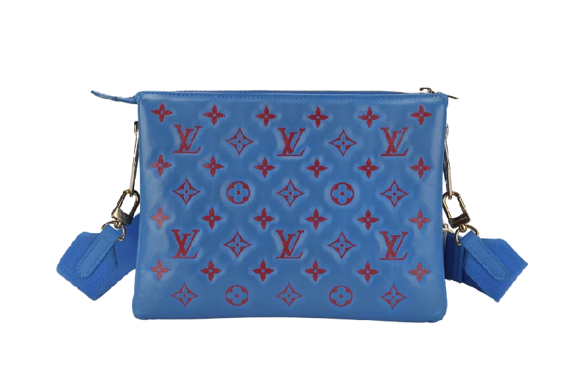 LOUIS VUITTON COUSSIN CROSSBODY BAG PM BLUE & RED EMBOSSED LAMBSKIN GOLD HARDWARE MICROCHIP WITH DUST COVER AND BOX