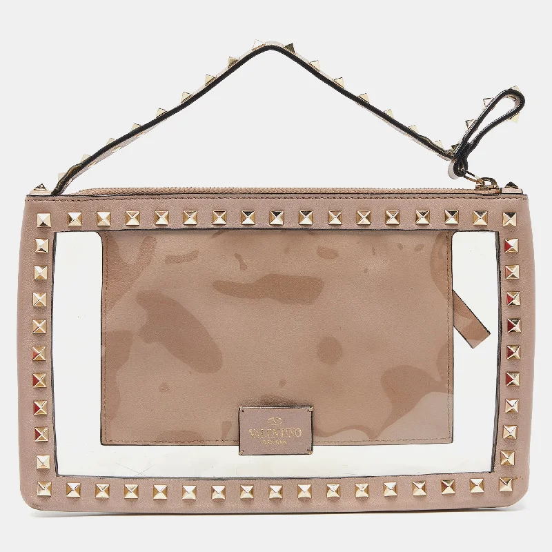 Pink/Transparent Leather and PVC Rockstud Clutch