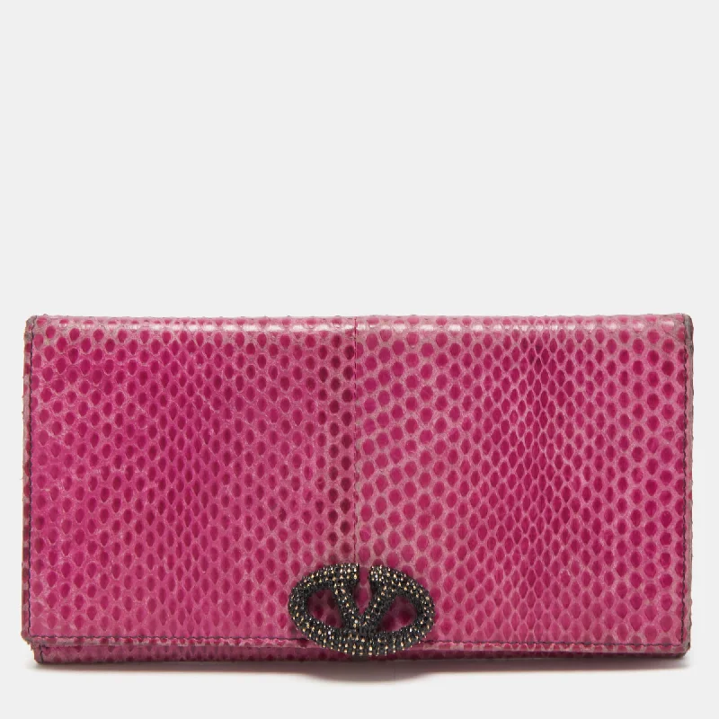 Fuchsia Snake Leather Crystal Catch Flap Wallet