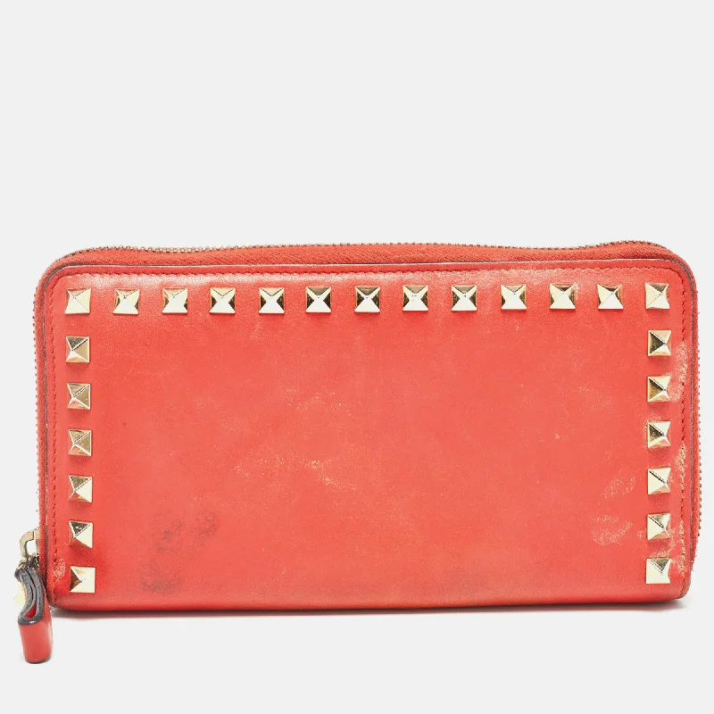 Red Leather Rockstud Zip Around Continental Wallet