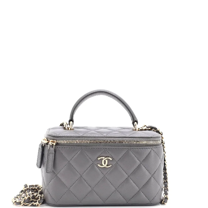 Classic Top Handle Vanity Case with Chain Quilted Lambskin Small