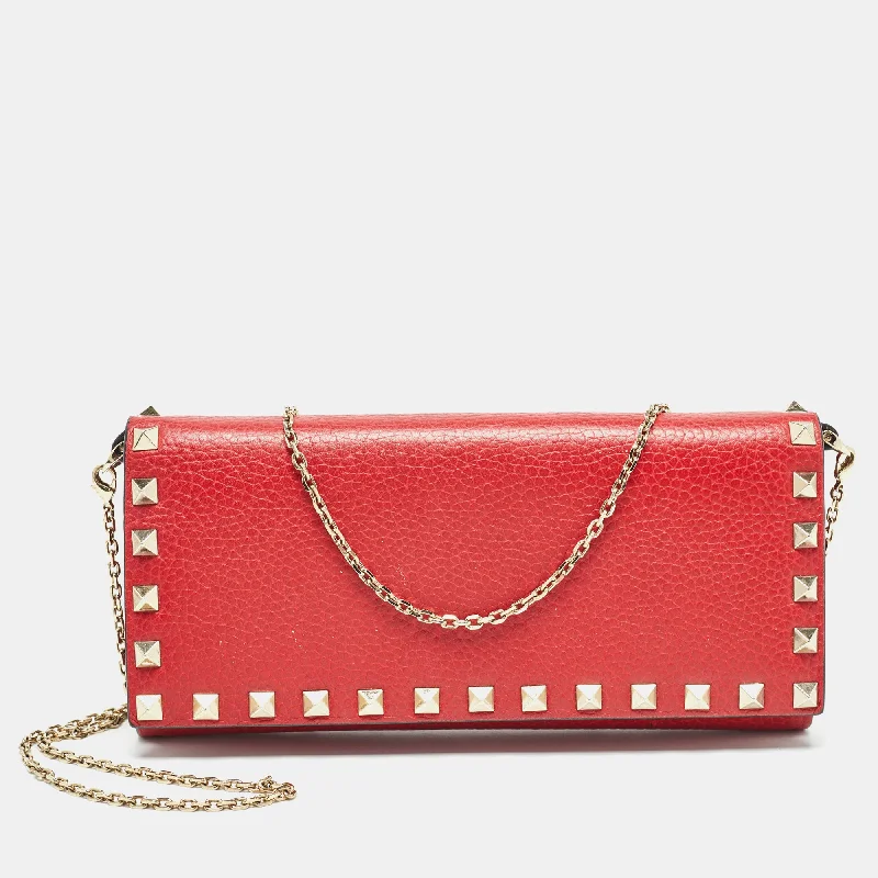 Red Leather Rockstud Flap Wallet on Chain