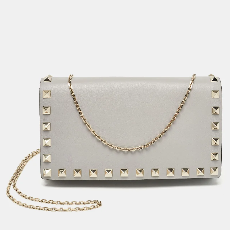 Ash Blue Leather Rockstud Chain Clutch