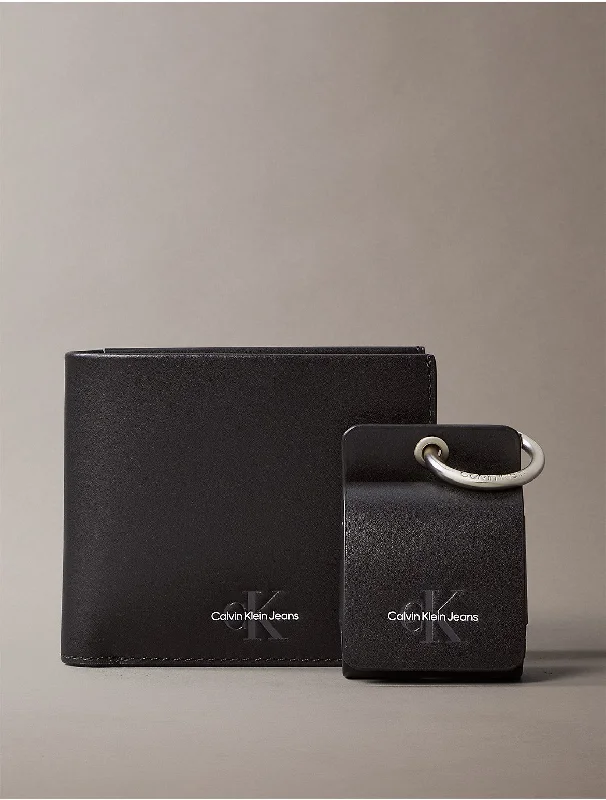 Men's Monogram Logo Slim Bifold Wallet + Airpods Case Gift Set - Black