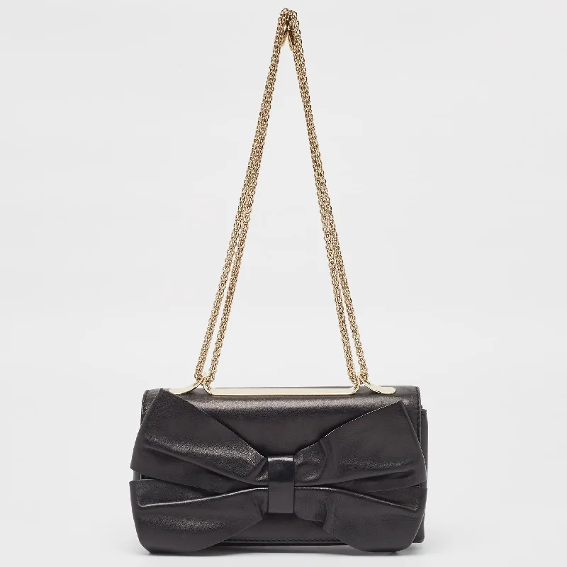 Black Leather Bow Flap Chain Clucth