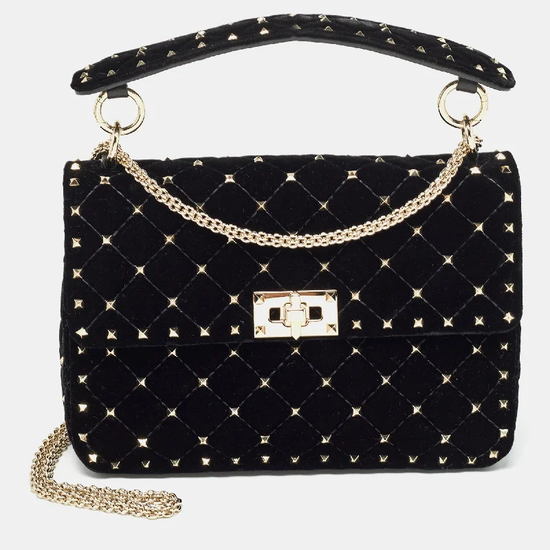 Black Quilted Velvet Medium Rockstud Spike Top Handle Bag