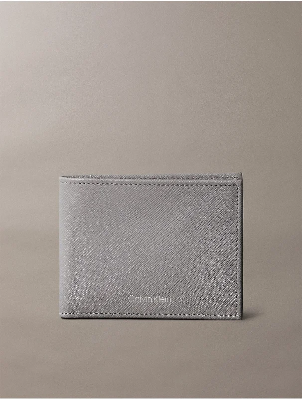 Saffiano Leather Slim Bifold Wallet - Grey