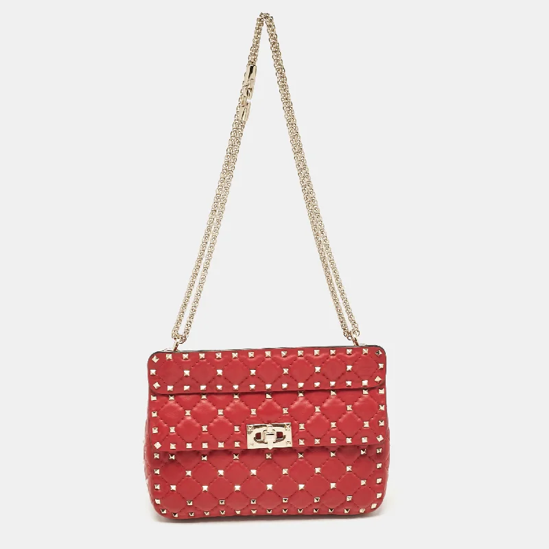 Red Leather Medium Rockstud Spike Top Handle Bag