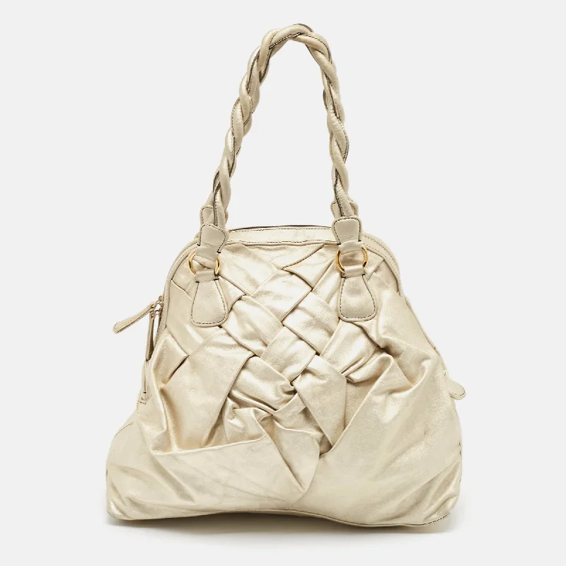 Light Gold Leather Braided Satchel