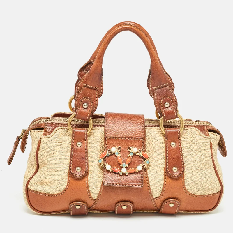 Brown/Beige Canvas and Leather VLogo Embellished Catch Bag