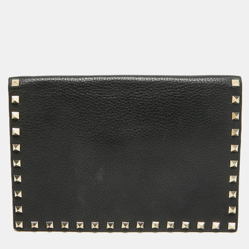 Black Leather Rockstud Flap Organizer Clutch