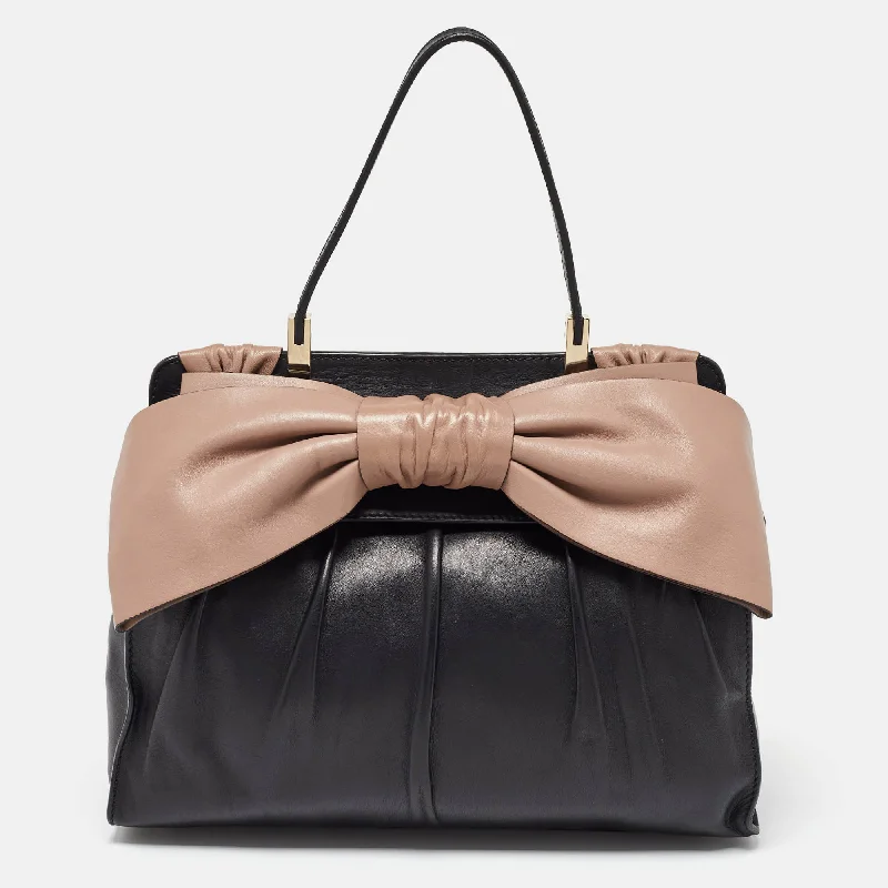 Black/Taupe Leather Aphrodite Bow Top Handle Bag