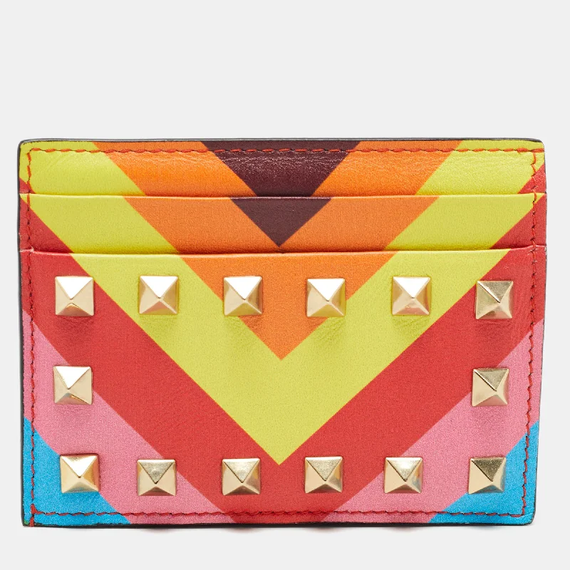 Multicolor Stripe Leather Rockstud Card Case