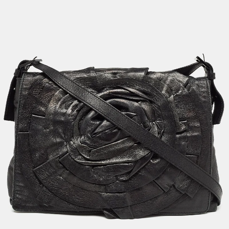 Black Leather Petale Rose Crossbody Bag