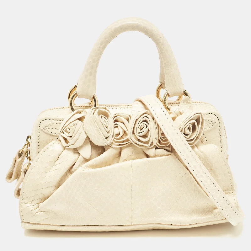 Cream Snakeskin Flower Appliqué Clutch Bag