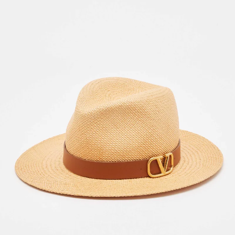 Garavani Brown Straw and Leather Trim Fedora Hat