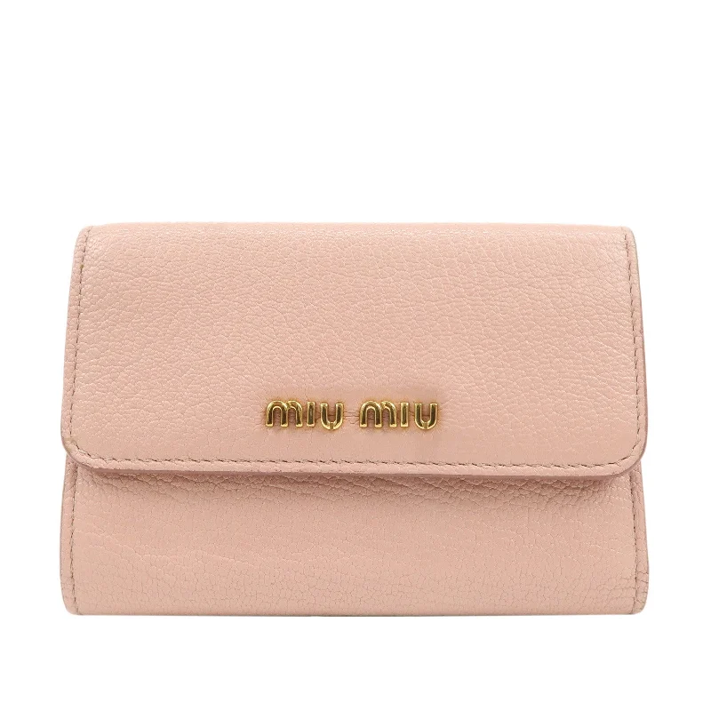 MIU MIU Leather Double Hook Bi-fold Wallet Pink Gold Hardware