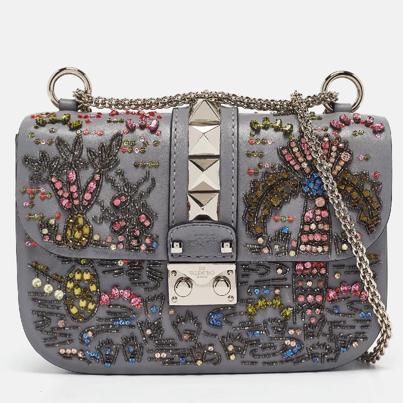 Grey Leather Small Crystal Embellished Rockstud Glam Lock Flap Bag