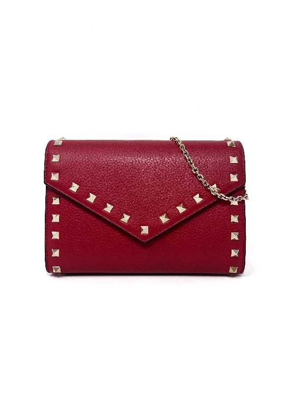 Valentino Red WDB! Rockstud Grained Calfskin Wallet on Chain Crossbody