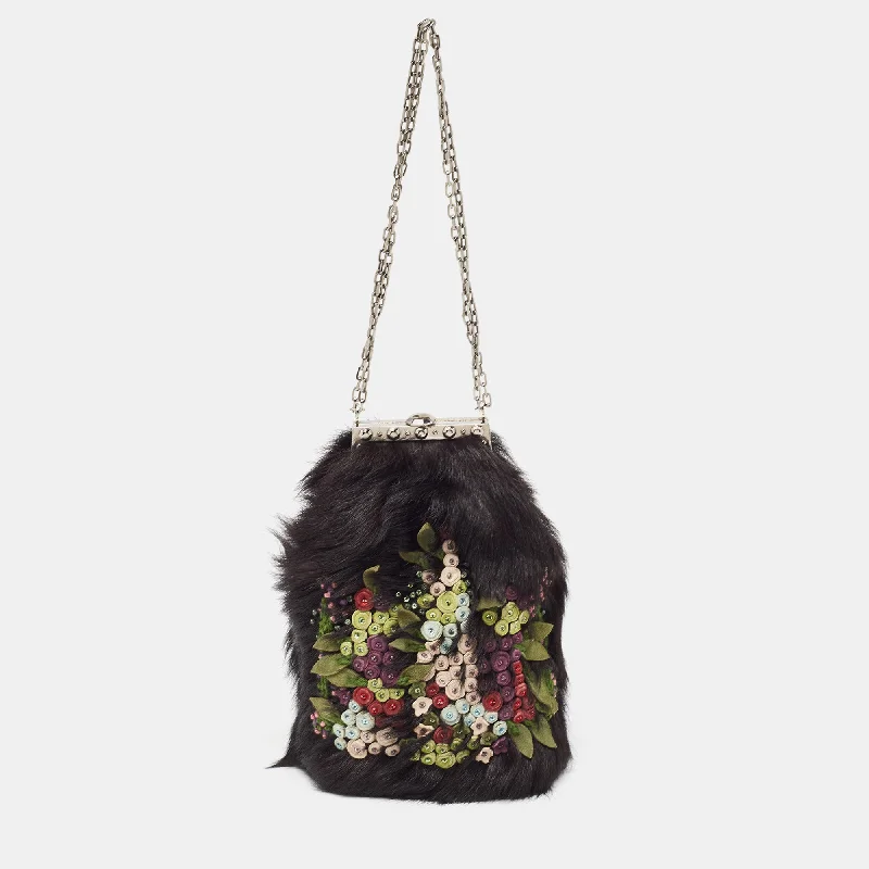 Black Fur Floral Applique Frame Chain Clutch