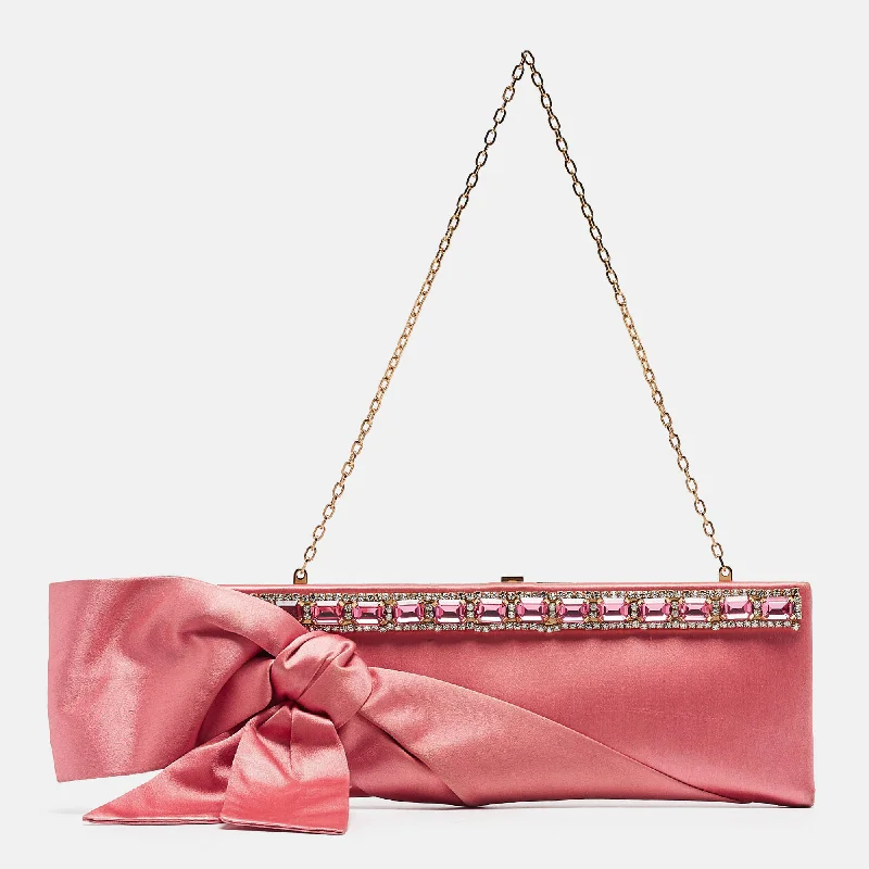 Pink Satin Crystal Embellished Bow Chain Clutch