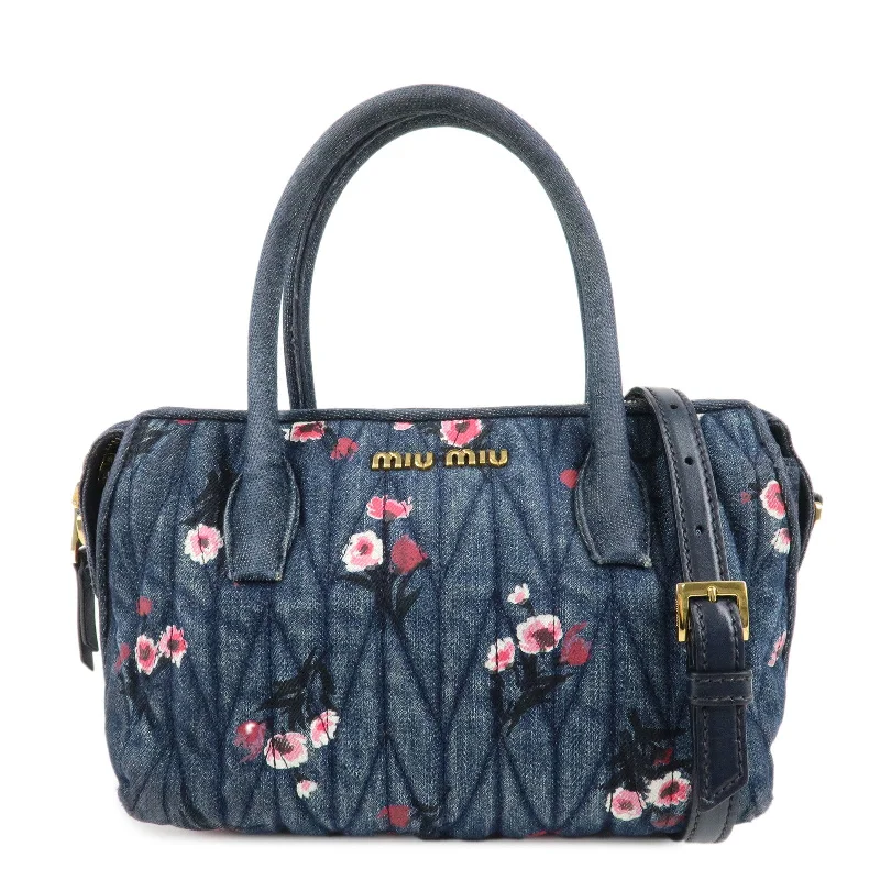 MIU MIU Matelasse Denim Leather 2Way Bag Hand Bag Flower 5BB020