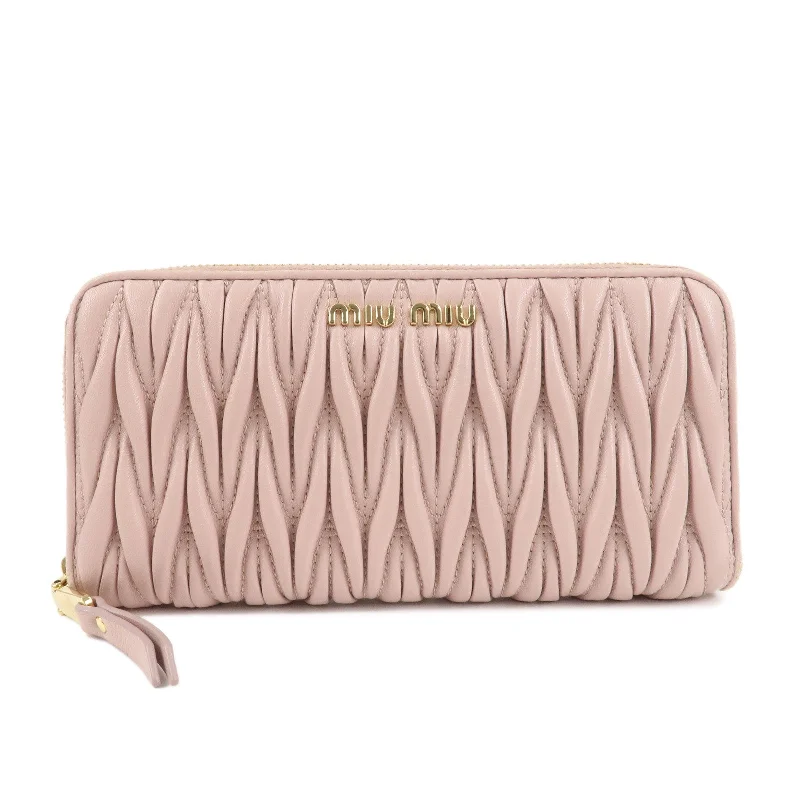 MIU MIU Matelasse Leather Round Zipper Long Wallet Pink Beige