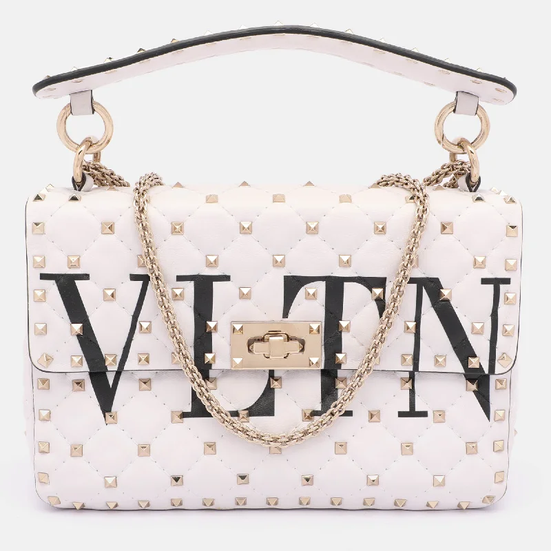 White Leather Medium Rockstud Spike VLTN Shoulder Bag