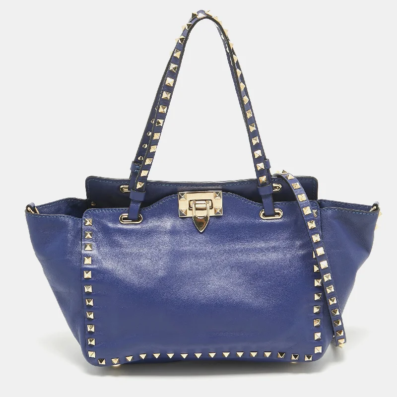 Blue Leather Small Rockstud Trapeze Tote