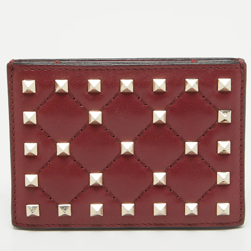 Burgundy Quilted Leather Rockstud Spike Card Case