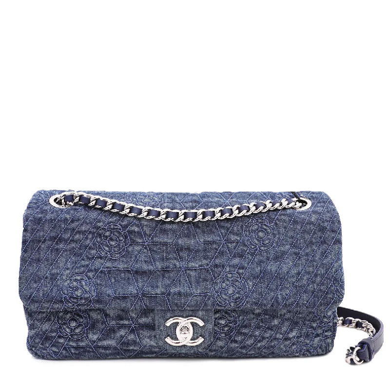 Chanel Blue Camellia Embroidered Distressed Denim Flap Bag