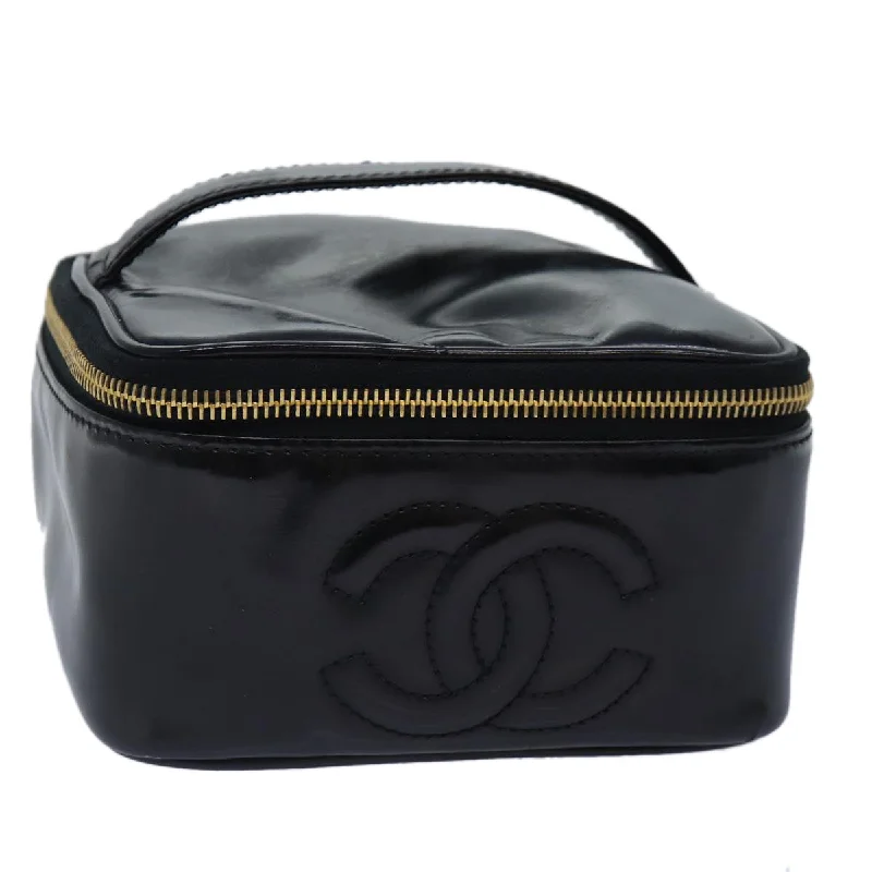 CHANEL COCO Mark Vanity Pouch Patent leather Black Gold CC  yk14659