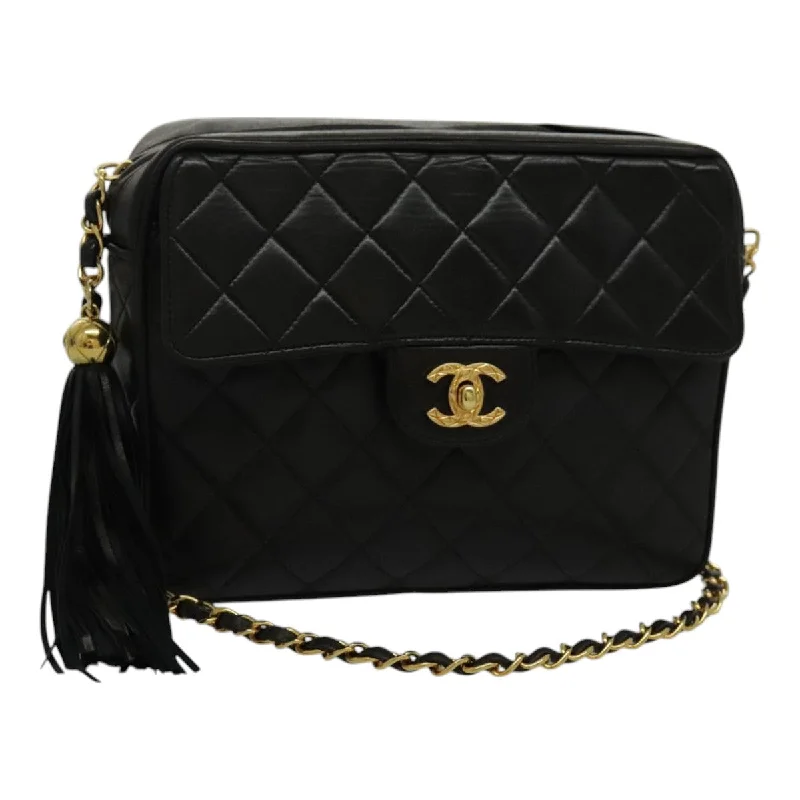 CHANEL Matelasse Chain Shoulder Bag Lamb Skin Black Gold CC  yk15611A