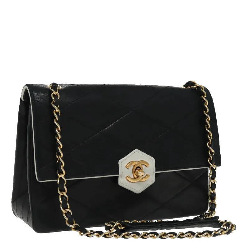 CHANEL Matelasse Chain Shoulder Bag Lamb Skin Black Gold white CC  yk15737