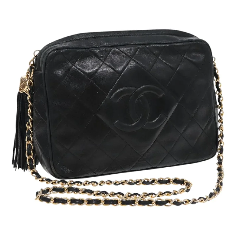 CHANEL Matelasse Fringe Chain Shoulder Bag Lamb Skin Black Gold CC  94677