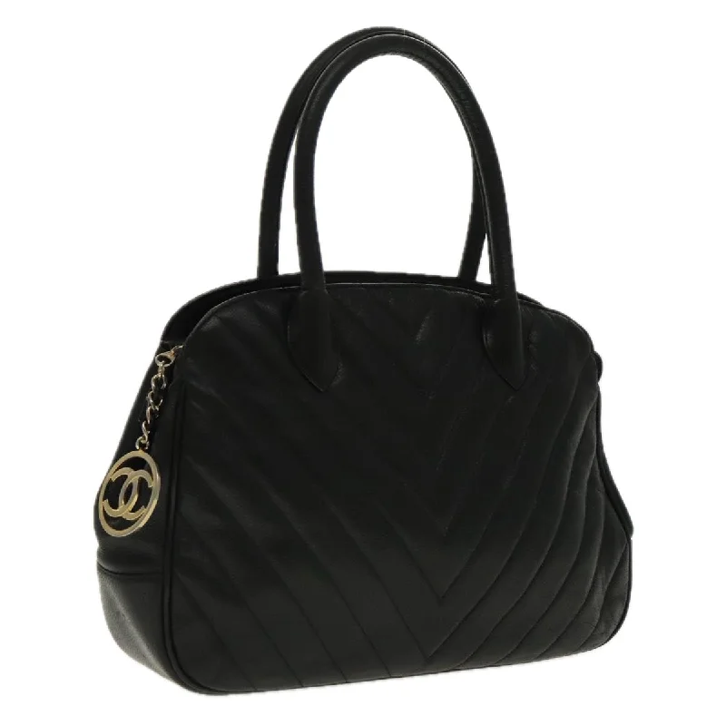 CHANEL V Stitch Hand Bag Caviar Skin Black Gold CC  95729