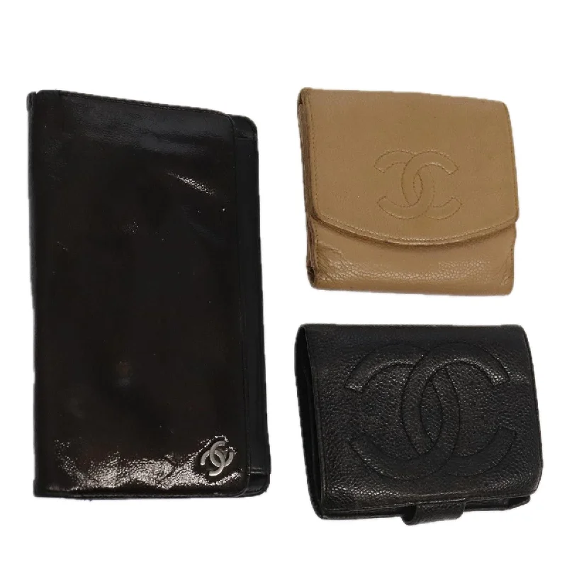 CHANEL Wallet Leather 3Set Black Beige CC  bs18941