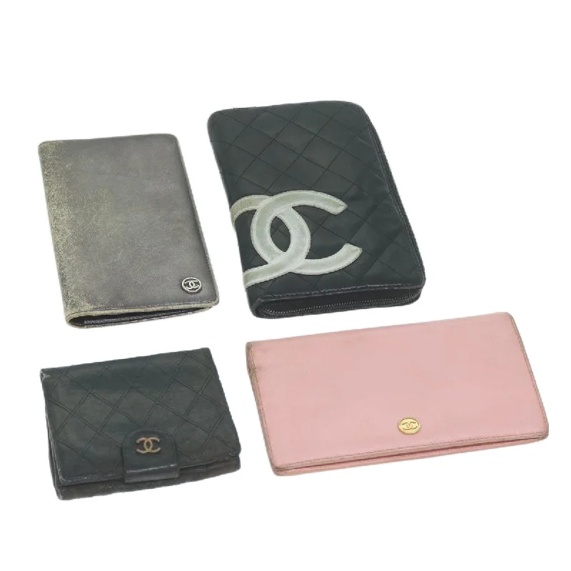 CHANEL Wallet Leather 4Set Black Pink Silver CC  bs11167