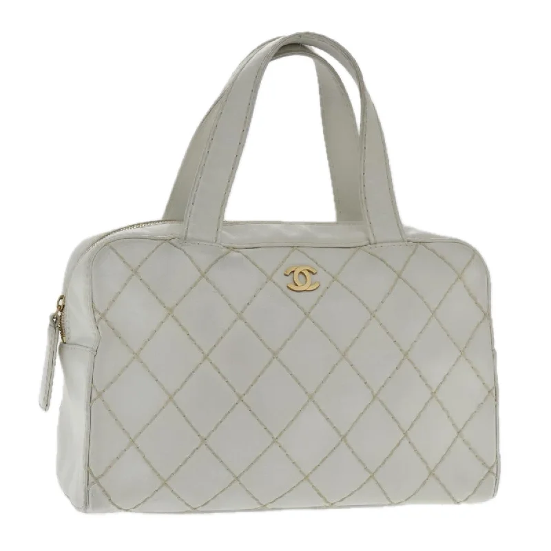 CHANEL Wild Stitch Hand Bag Leather White Gold CC  yk15489